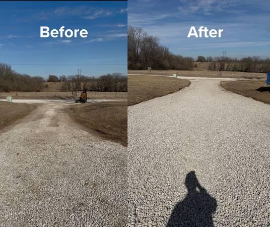 Gravel driveway before and after revitalization, old worn gravel versus fresh white gravel